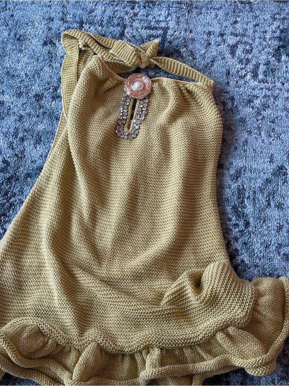 Women's Knit Halter Sweater Top with Embellished Accent - Mustard